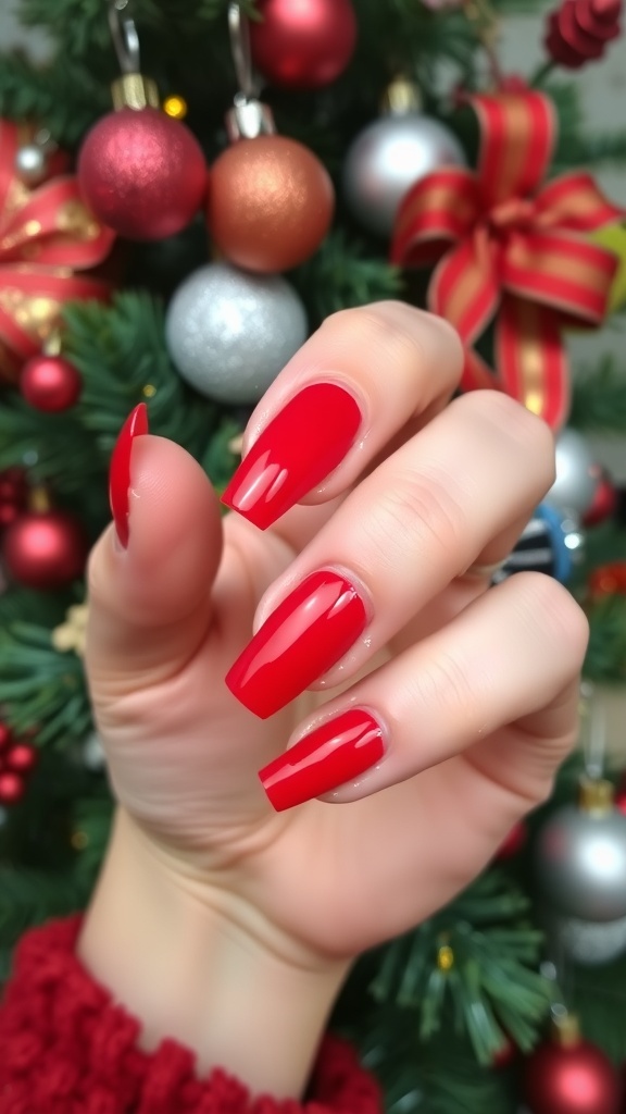 Short red acrylic nails displayed on a festive background with Christmas decorations.